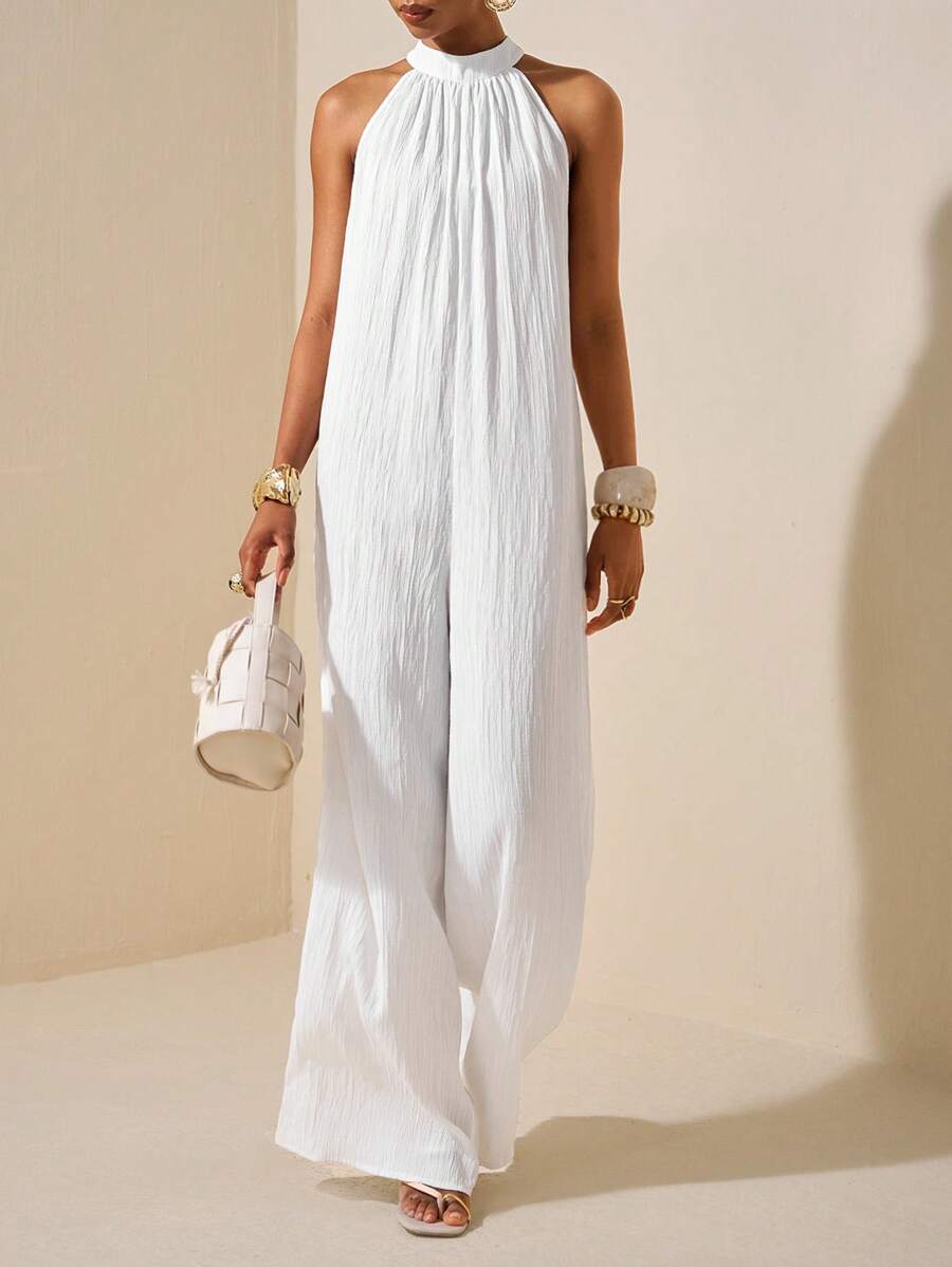 Zivah 新款春夏休闲度假日常通勤挂脖圆领无袖超宽松阔腿加长裤白色女连体裤 - 白色 - 查看 1