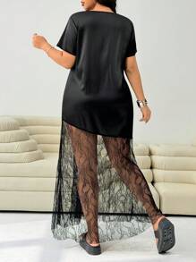 Solflare Plus Size Elegant Sexy Solid Color Lace Patchwork Dress