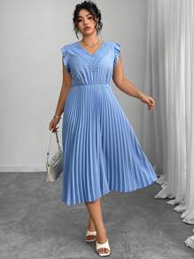 Elenzga Plus Size Women Woven Ruffle Splicing V-Neck Waist Pleated Dress, Elegant Blue, Spring & Summer - Blue - View 5