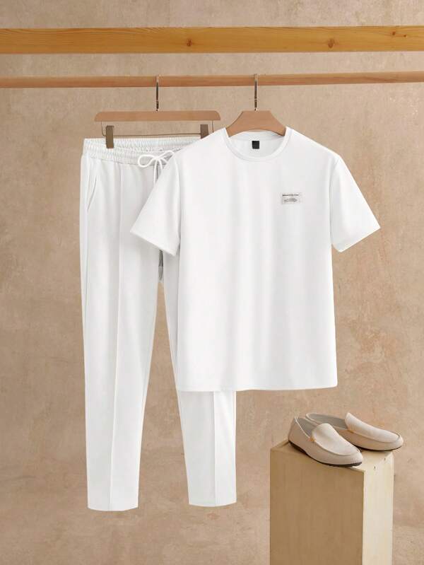 Manfinity BRENVOR 2pcs Men Casual Knitted Fitted Crew Neck Short Sleeve T-Shirt Set, Suitable For Daily Wear Men 2 Piece Set 2 Piece Set Men Summer Men Casual Top And Bottom Set Mens Summer Outfit Mens White 2 Piece Set
