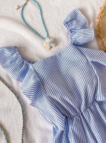 Girls' Ruffled Backless Bowknot Striped Romper, Casual Summer Vacation Beach Outfit - Blue - View 5