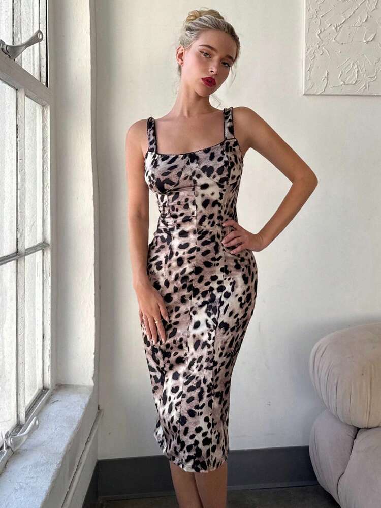 Leopard Print Spaghetti Strap Bodycon Dress For Women,Slim Fit Shapewear Sexy Summer Women Dresses Cruise Outfit For Women