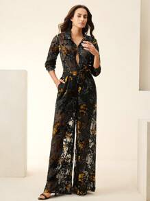 Anewsta 秋冬优雅天鹅绒烂花面料半透明衬衫和松紧腰直筒裤两件套女装 - 黑色 - 查看 5