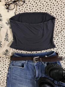 Attitoon Áo crop top Bandeau thường ngày mùa hè cho nữ họa tiết "Cánh tiên bướm" & "Break It" của Fairycore Goth cổ điển - Màu xám đen - Xem 2