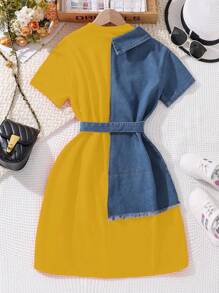 Tween Girls Cotton Denim Patchwork Casual Dress - Yellow - View 2