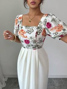 Elenzga Women's Floral Embroidery Patchwork Birthday Dress, Suitable For Wedding - Beige - View 4