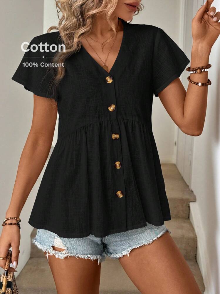 SHEIN LUNE 夏季女士V領荷葉邊褶皺波浪袖A線上衣，休閒和假日風格，純棉扣緊襯衫 - 黑色 - 查看 3