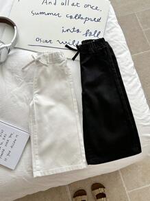 SHEIN LMoss Kids 女婴两件套可爱白黑牛仔宽松舒适直筒牛仔裤，春夏休闲度假乡村波西米亚风装 - 彩色 - 查看 4