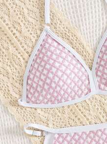 Teen Girls Plaid Print Halter Bikini Set, Pink Jacquard Fabric, Adjustable Pink Bathing Suit Triangle Bikini Summer Swimsuit Petite Swimwear - Baby Pink - View 5