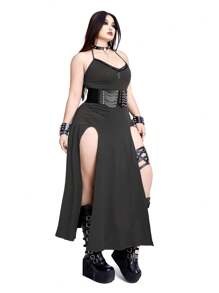 Whyspr Plus Size Punk Style High Slit Sleeveless Half Sleeve Jumpsuit Dress - Dark Grey - View 4