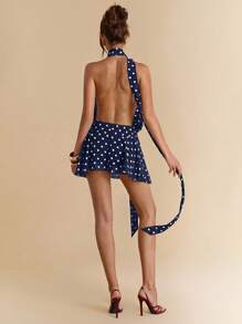 SHEIN BAE Vestido corto de tirantes con escote halter, bajo asimétrico y espalda descubierta con estampado de puntos en marrón, vestido sexy para festival musical, vacaciones, primavera/verano - Azul Marino - Ver 2