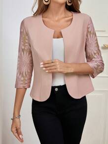 SHEIN Clasi 女士优雅圆领七分袖粉色蕾丝拼接外套 秋季女装 - 粉色 - 查看 9