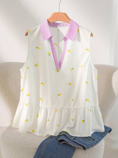 CosyJoli 大码休闲条纹拼布柠檬刺绣V领衬衫