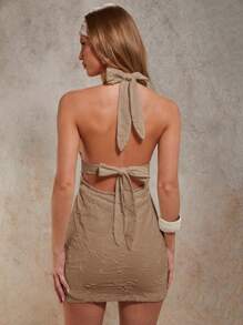 COSMINA Women Solid Color Halter Backless Fitted Mini Dress - Brown - View 2