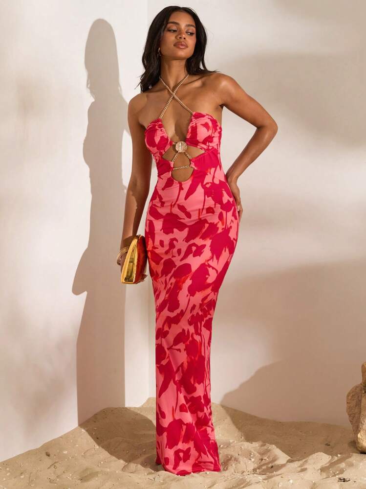 red halter summer dress Opulessa Neck Maxi Featuring Knot Detail,Pink Floral,Summer,Casual,Beach,Vacation,Holiday,Bodycon Cut Out Elegant Party Prom Evening Midi dress