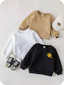 SHEIN 3 Stücke Baby Jungen Allround Pullover Sweatshirts mit süßem Cartoon Gesichtsmuster in Schwarz, Weiß und Beige, geeignet für Frühling, Herbst und Winter