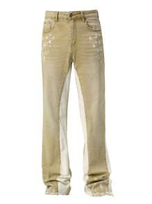 ROMWE MEN Grunge Punk Men's Street Life Patchwork Distressed Insert Pocket Skinny Fit Flared Leg Jeans - Khaki - View 2