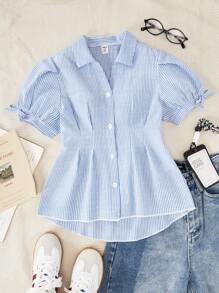 SHEIN Striped Button Front Short Sleeve Casual Shirt, Lantern Sleeve, Bowknot Ruched Waist A-Line Flattering Style, Suitable For Teen Girls, Commuting And Vacation In Summer Blue And White Striped Shirt Girls Blue Striped Shirt Teen Girl Summer Shirt