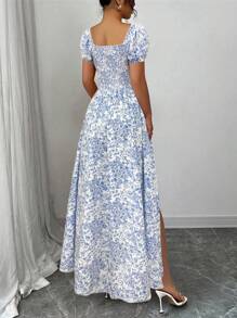 Rafferiza Women's Vacation Blue Romantic Elegant Ditsy Floral Shirred Puff Sleeve Cinched Waist A-Line Casual Holiday Valentine's Day Occasion Bow Dress, Multiple Wearing Styles, Spring/Summer New Arrival Graduation Spring Dress Beach Women Outfits Sun Slits Long Maxi Dress - Blue and White - View 2