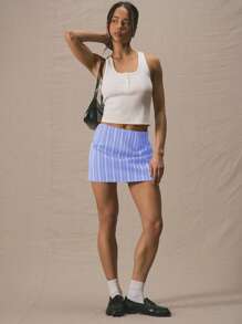 MUSERA Chân váy siêu ngắn cạp thấp kẻ sọc, kiểu dáng ôm sát, thích hợp cho mùa hè, kỳ nghỉ, tiệc tùng, lễ Phục sinh. - Màu xanh lam - Xem 2
