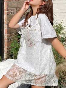 Dazy Plus 女士夏季透明蕾丝宽松长款多层背心和吊带背心