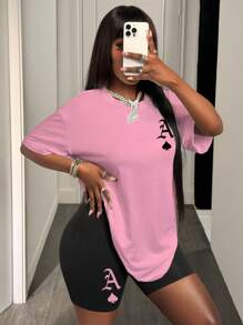 BamGleam 女性下垂肩T恤2入組，印有黑桃A圖案的時尚夏季休閒套裝 - 彩色 - 查看 3