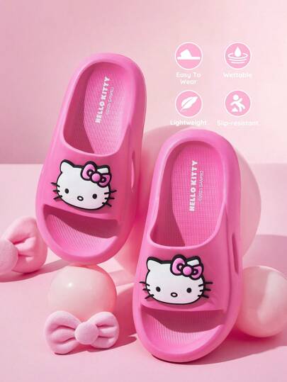 HELLO KITTY AND FRIENDS | SHEIN Rosa tecknade flicktofflor för barn, EVA-material med lättviktsmönster, halkfria tåskydd, vattentäta, lämpliga för inomhusbruk, dusch eller strandbruk, småbarnsstorlekar, sommarkläder, vårkläder, strand, semester