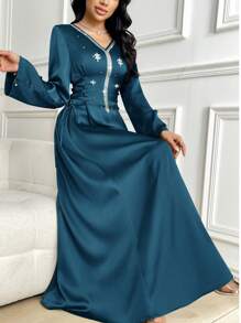 Al Najma Đầm dài tay cổ chữ V thanh lịch đính đá trang trí phong cách Ả Rập cho nữ - Màu xanh lam - Xem 7