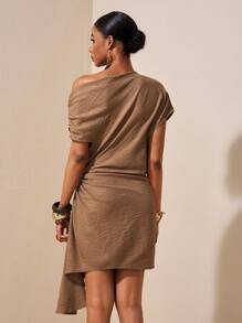 Zivah 2025 Summer New Style Birthday Party Daily Travel Basic And Versatile Leisure Vacation Cruise Travel Beach Sunbathing Internet Celebrity Hot Style Street Style Elegant Commuter Business Casual Off-Shoulder Slim Fit Asymmetrical Hem With Ribbon Khaki Summer Mini Dress Women's Dress - Khaki - View 2