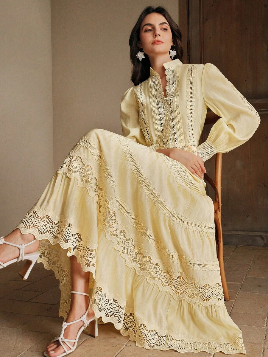 Anewsta Women's Elegant Lace Embroidery Hollow Out Shirt Top And Skirt 2 Pieces Set, Spring/Summer, Festival/Graduation, Butterscotch Yellow - Yellow - View 1