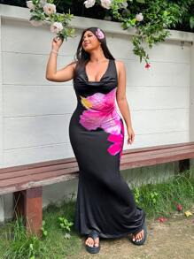 SHEIN EZwear Áo Lina không tay in hoa cỡ lớn nhún bèo - màu đen - Xem 5