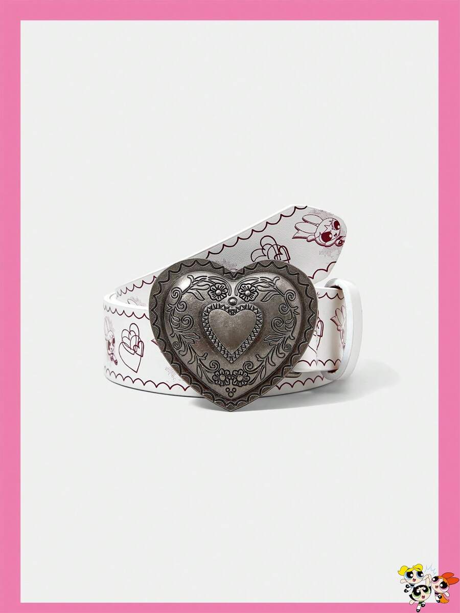 THE POWERPUFF GIRLS X SHEIN 1pc Heart Buckle Blossom, Bubbles, Buttercup Pattern Waist Belt For Women - Multicolor - View 1