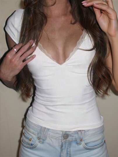 INAWLY Women's Summer Fashion Contrast Lace Solid Color Slim Fit V-Neck T-Shirt