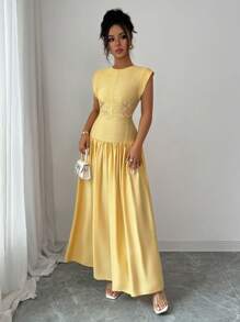 Elenzga Vestido elegante y romántico de fibra de bambú para mujeres con detalles impresos, adecuado para la playa, la fiesta del té y el estilo del Medio Oriente - Amarillo - Ver 6