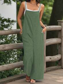 EMERY ROSE Bộ đồ liền thân cổ vuông họa tiết denim cỡ lớn thường ngày - Màu xanh chanh - Xem 4