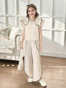 Set de 2 piezas para niñas con top de punto de color albaricoque con volantes y decoración de perlas, y pantalones 3/4 con bajo asimétrico. Elegante vestimenta diaria y de resort para el verano