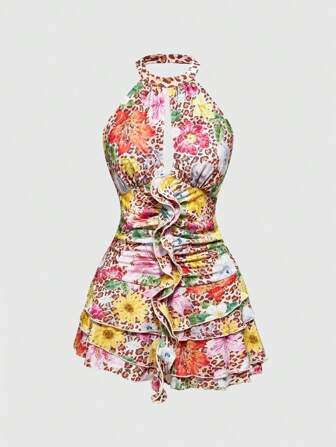 ROMWE Avant Tropisches Resort Y2K Leoparden-Blumenprint Sexy Mini-Kleid