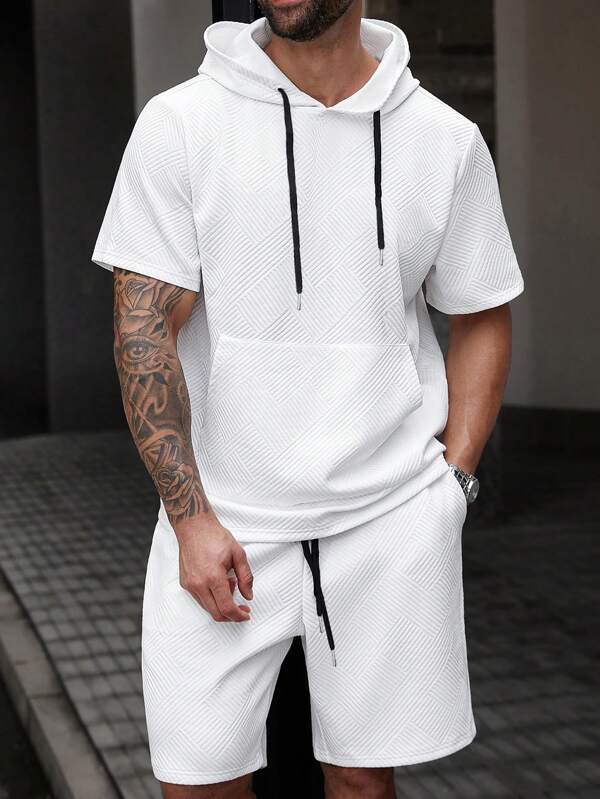 Manfinity CasualCool Plus Size Men's Drawstring Hooded Short Sleeve T-Shirt And Shorts Suit Set