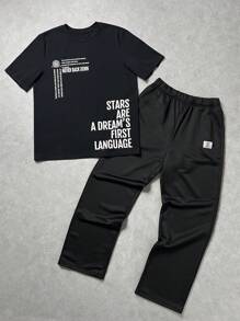 SHEIN Set de 2 piezas de Camiseta de cuello redondo con estampado gráfico y pantalón de chándal para adolescentes varones, versátil para ir y venir, escuela, uso casual diario, vacaciones, ropa deportiva, adecuado para primavera/verano