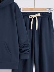 SHEIN 休闲纯色连帽长袖运动衫和运动裤套装，适合青少年，通勤、上学、休闲、度假、运动、派对、秋冬等多种场合 - 藏蓝色 - 查看 6