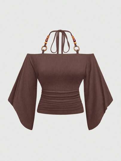 Hippie Vintage Loose Off Shoulder Wooden Bead Decor Batwing Sleeve Plus Size Women T-Shirt