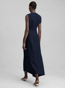 Ontre 2025年夏秋季优雅纯色蝙蝠袖连衣裙，休闲毕业礼服，飘逸派对礼服，优雅度假礼服，舒适伴娘礼服，女士沙滩裙 - 藏蓝色 - 查看 3