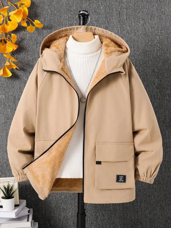 SHEIN Chaqueta con capucha, mangas raglán y bolsillos frontales con cremallera para niño preadolescente, adecuada para ir al colegio, usar a diario de manera informal