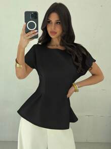 Firerie Camisa regular de mujer de estilo vintage con cuello redondo, manga corta, cintura recogida y textura de bambú negro, minimalista y elegante, adecuada para uso diario, vacaciones y playa - Negro - Ver 3