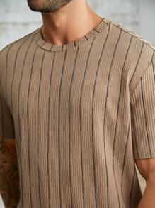 EASEVO Camiseta casual de verano de manga corta de punto a rayas para hombre de talla grande - Caqui - Ver 3