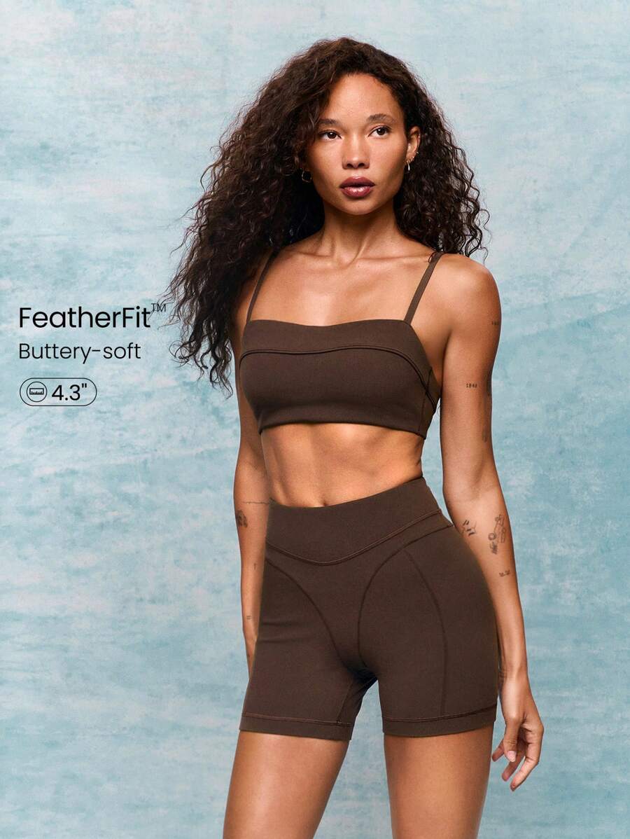 GLOWMODE 4.3" FeatherFit™ Level Up Buttery-Soft Stretchy Sweat-Wicking Active Biker Shorts Low Impact Yoga Pilates Barre Studio Daily Casual Wear - Chocolate Brown - View 1
