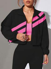 Dewbera Chaqueta deportiva con cremallera y bloqueo de color, con dobladillo con cordón, para primavera/otoño - Beis - Ver 4