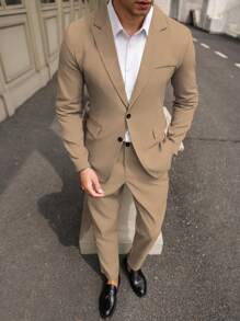 Calvornis Solid Color Single Breasted Long Sleeve Blazer And Pocket Formal Suit Pants Suit Formal - Khaki - View 3
