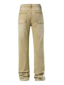 ROMWE MEN Grunge Punk Men's Street Life Patchwork Distressed Insert Pocket Skinny Fit Flared Leg Jeans - Khaki - View 3