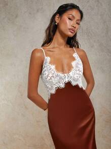 COSMINA Vestido de tirantes finos elegante con pespunte de encaje para mujer, de verano - Marrón - Ver 4